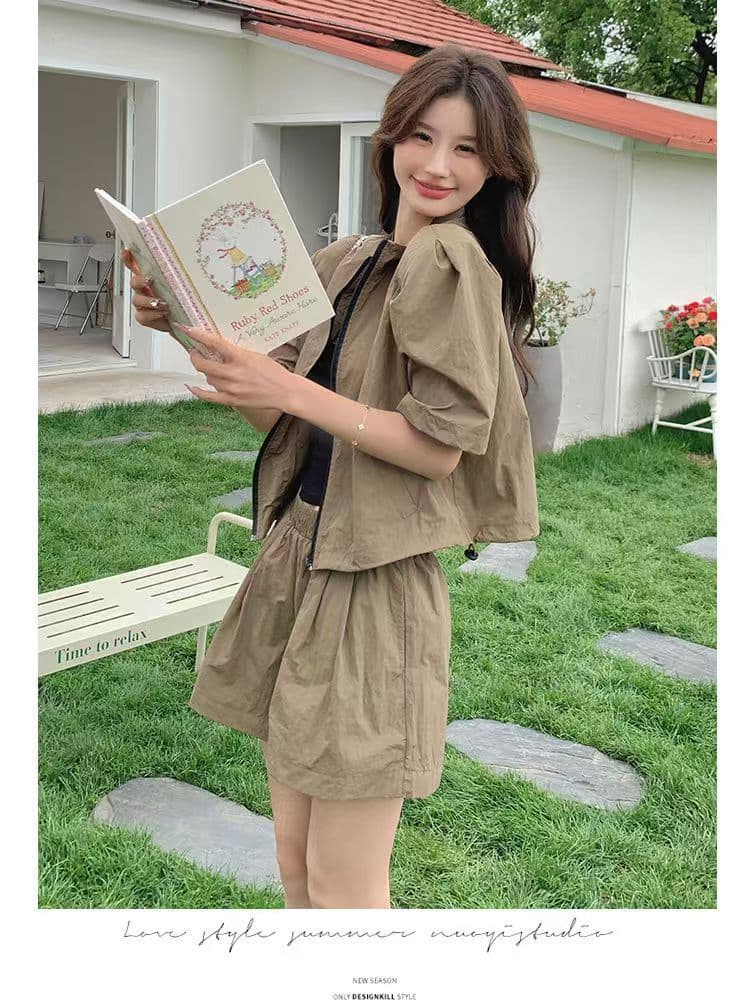 소금 부서 착용 가져 가라. 카키 색 워크웨어 레트로 반바지 세트 두 조각 여성 세트 여름 튀김 거리 작은 키 패션 외국 가스 상세 이미지 10