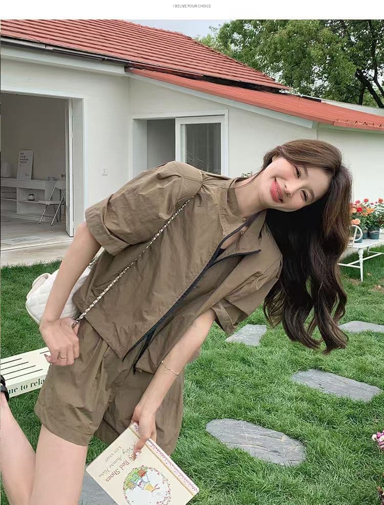 소금 부서 착용 가져 가라. 카키 색 워크웨어 레트로 반바지 세트 두 조각 여성 세트 여름 튀김 거리 작은 키 패션 외국 가스 상세 이미지 11