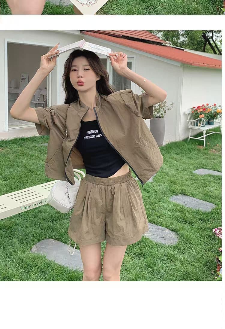 소금 부서 착용 가져 가라. 카키 색 워크웨어 레트로 반바지 세트 두 조각 여성 세트 여름 튀김 거리 작은 키 패션 외국 가스 상세 이미지 12