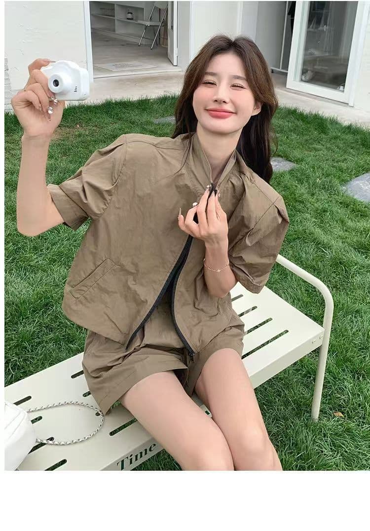 소금 부서 착용 가져 가라. 카키 색 워크웨어 레트로 반바지 세트 두 조각 여성 세트 여름 튀김 거리 작은 키 패션 외국 가스 상세 이미지 13