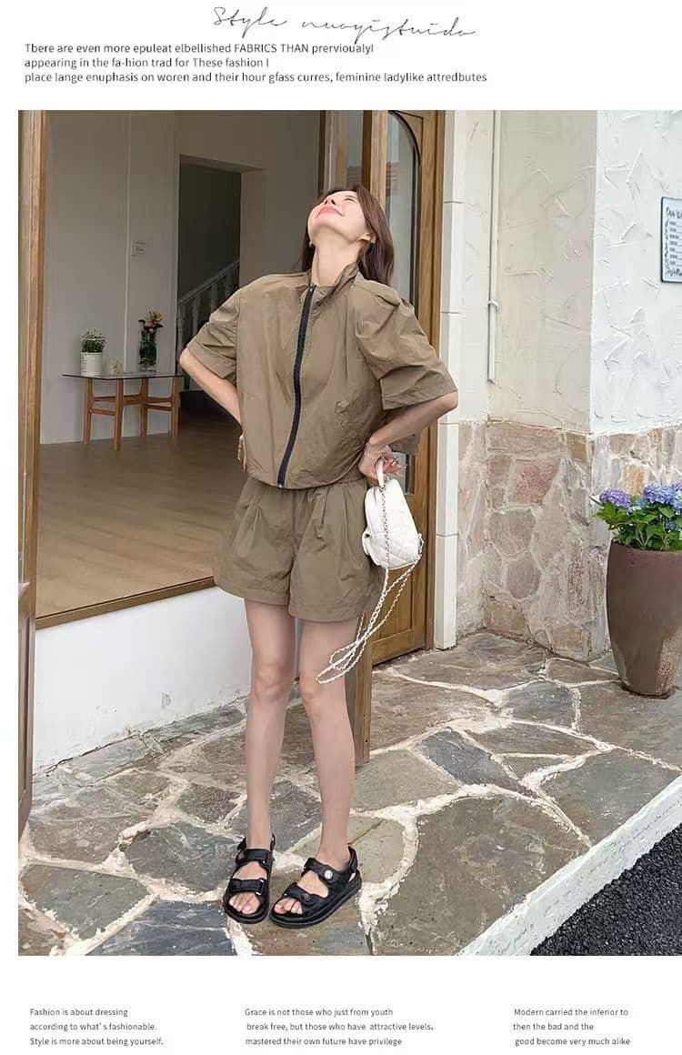 소금 부서 착용 가져 가라. 카키 색 워크웨어 레트로 반바지 세트 두 조각 여성 세트 여름 튀김 거리 작은 키 패션 외국 가스 상세 이미지 14