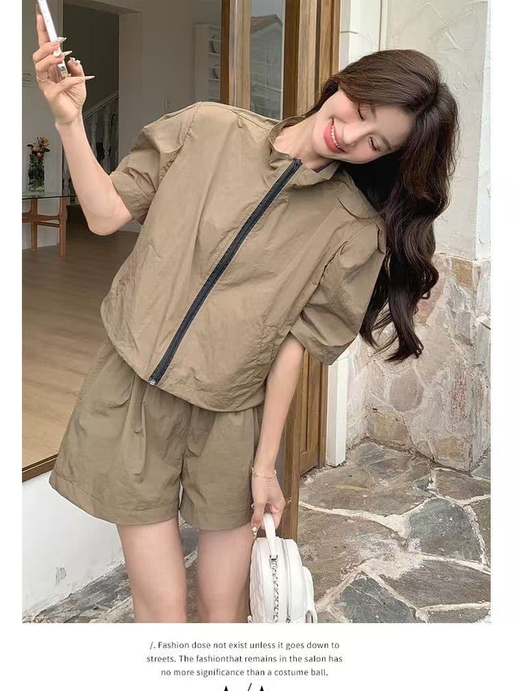 소금 부서 착용 가져 가라. 카키 색 워크웨어 레트로 반바지 세트 두 조각 여성 세트 여름 튀김 거리 작은 키 패션 외국 가스 상세 이미지 16