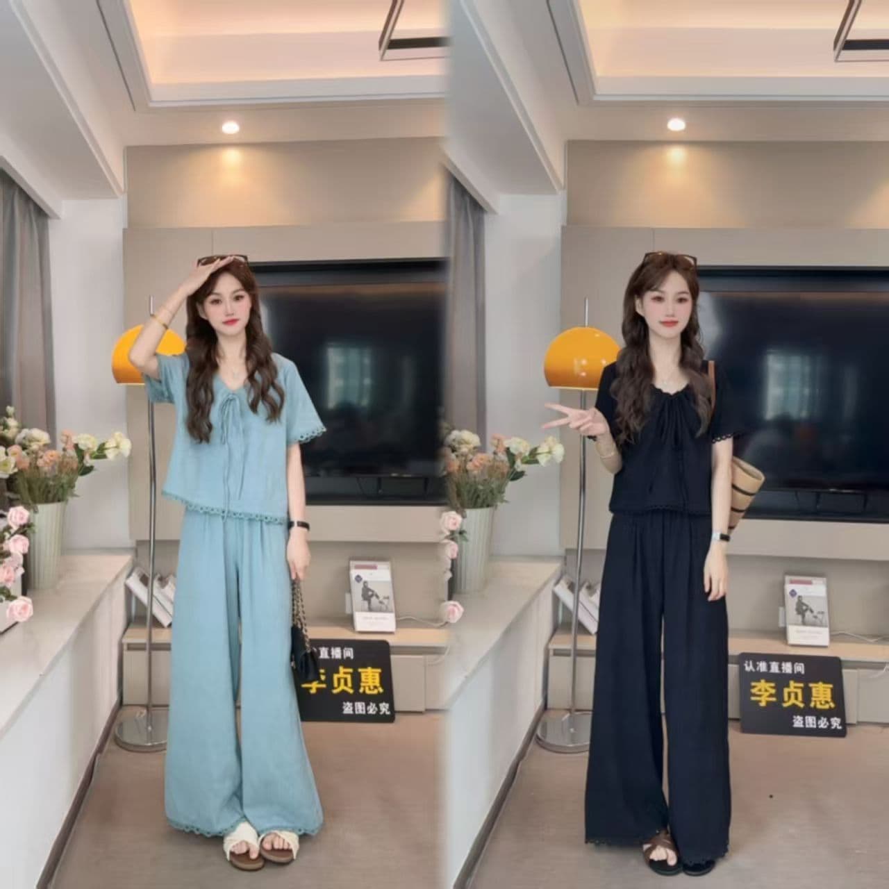 2026 여름 패션 면 반팔 세트 여성 디자인 센스 작은 대중 홀로우 아웃 레이스 조각 맨위 캐주얼 와이드 레그 팬츠 상세 이미지 1