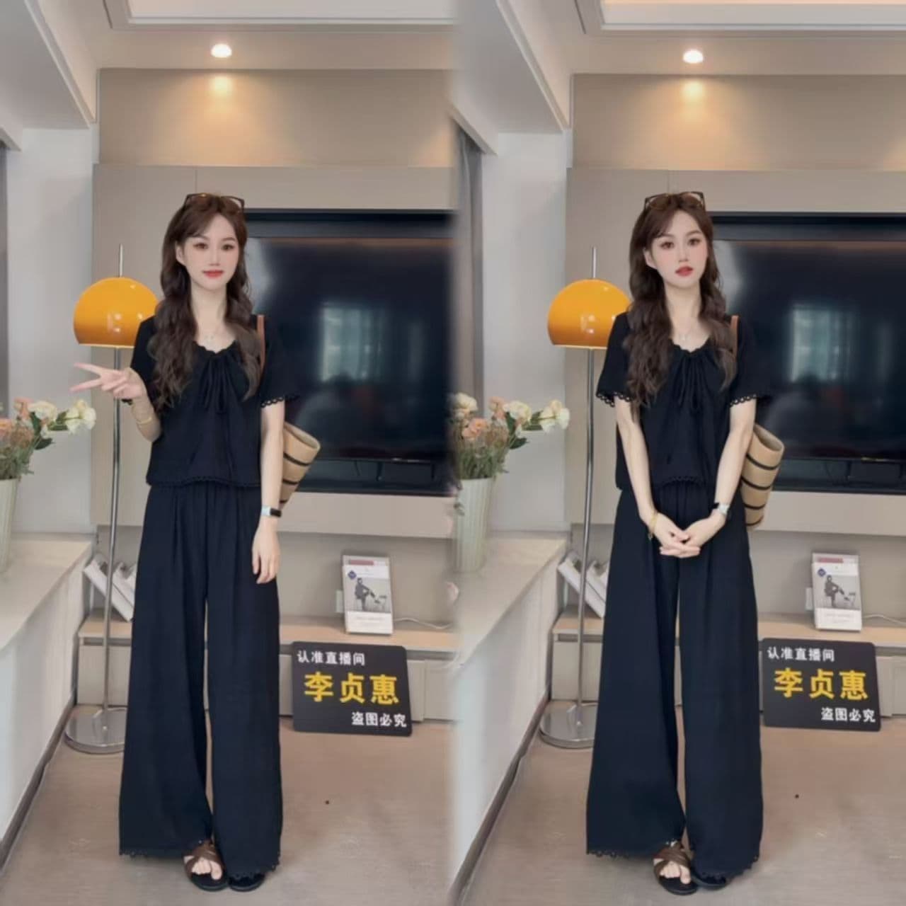 2026 여름 패션 면 반팔 세트 여성 디자인 센스 작은 대중 홀로우 아웃 레이스 조각 맨위 캐주얼 와이드 레그 팬츠 상세 이미지 2