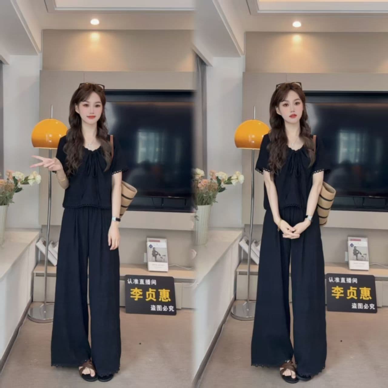 2026 여름 패션 면 반팔 세트 여성 디자인 센스 작은 대중 홀로우 아웃 레이스 조각 맨위 캐주얼 와이드 레그 팬츠 상세 이미지 4