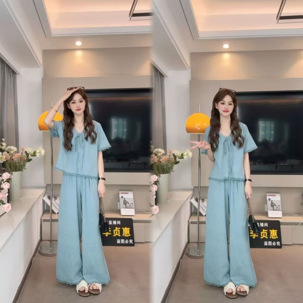 2026 여름 패션 면 반팔 세트 여성 디자인 센스 작은 대중 홀로우 아웃 레이스 조각 맨위 캐주얼 와이드 레그 팬츠 상세 이미지 6