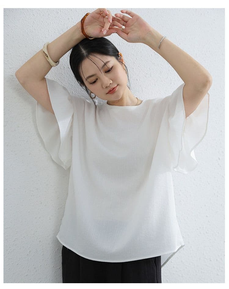 디자인 센스 나팔 소매 여름 새로운 루즈핏 표지 고기 슬림해 보이는 캐주얼 티셔츠 항구 바람 반팔 라운드 넥 면 린넨 맨위 상세 이미지 2