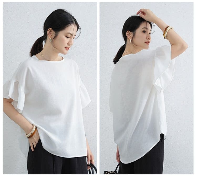 디자인 센스 나팔 소매 여름 새로운 루즈핏 표지 고기 슬림해 보이는 캐주얼 티셔츠 항구 바람 반팔 라운드 넥 면 린넨 맨위 상세 이미지 5