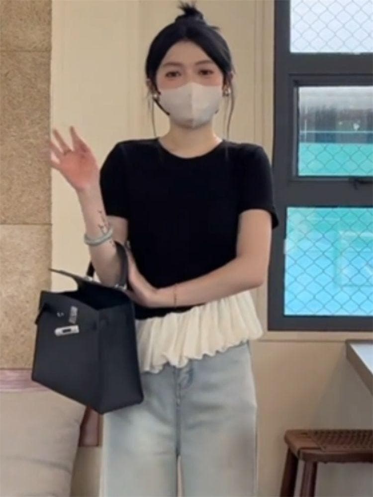 리브 프릴 라운드 넥 반팔 티셔츠 여성 의류 여름 맨위 상세 이미지 7