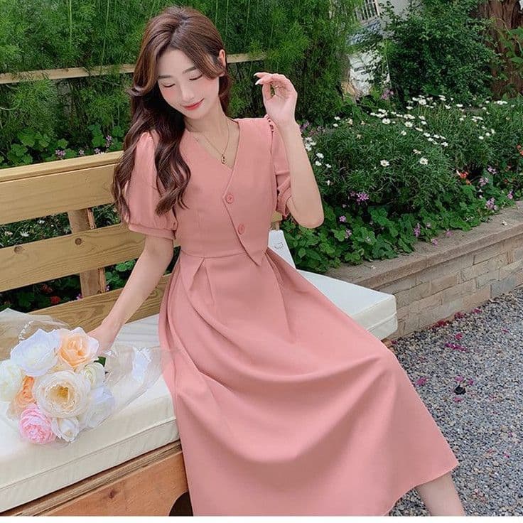 빅 사이즈 프랑스식 연령 감소 V넥 여성 드레스 여름 새로운 디자인 센스 허리 수축 슬림해 보이는 롱 스커트 상세 이미지 2