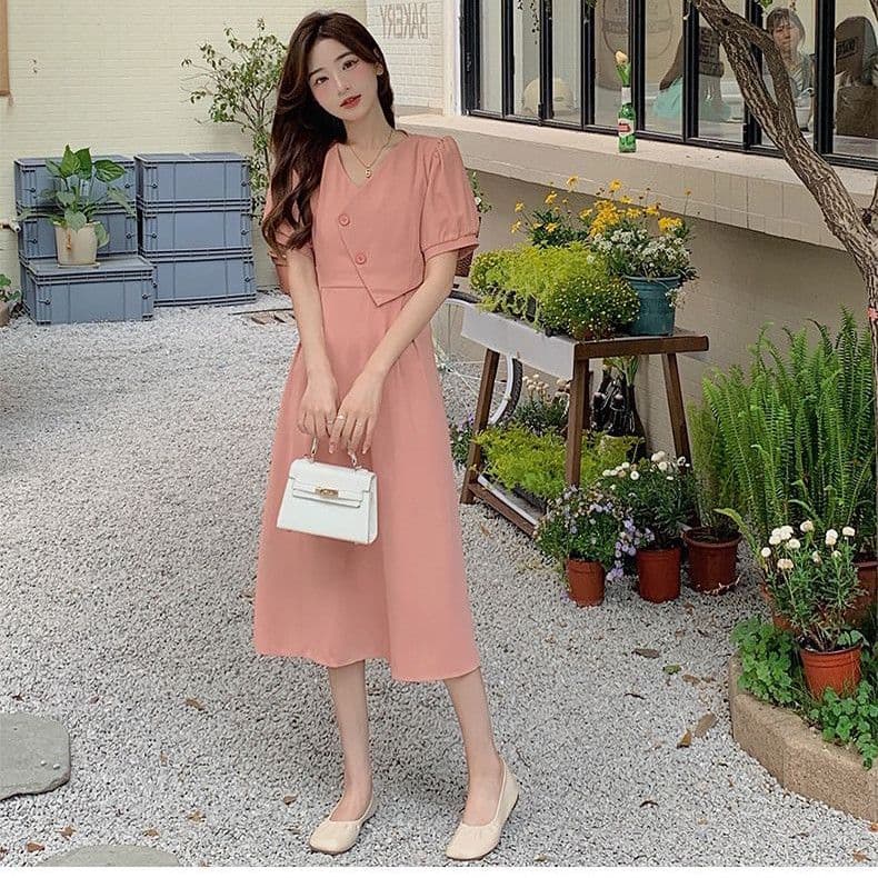 빅 사이즈 프랑스식 연령 감소 V넥 여성 드레스 여름 새로운 디자인 센스 허리 수축 슬림해 보이는 롱 스커트 상세 이미지 6