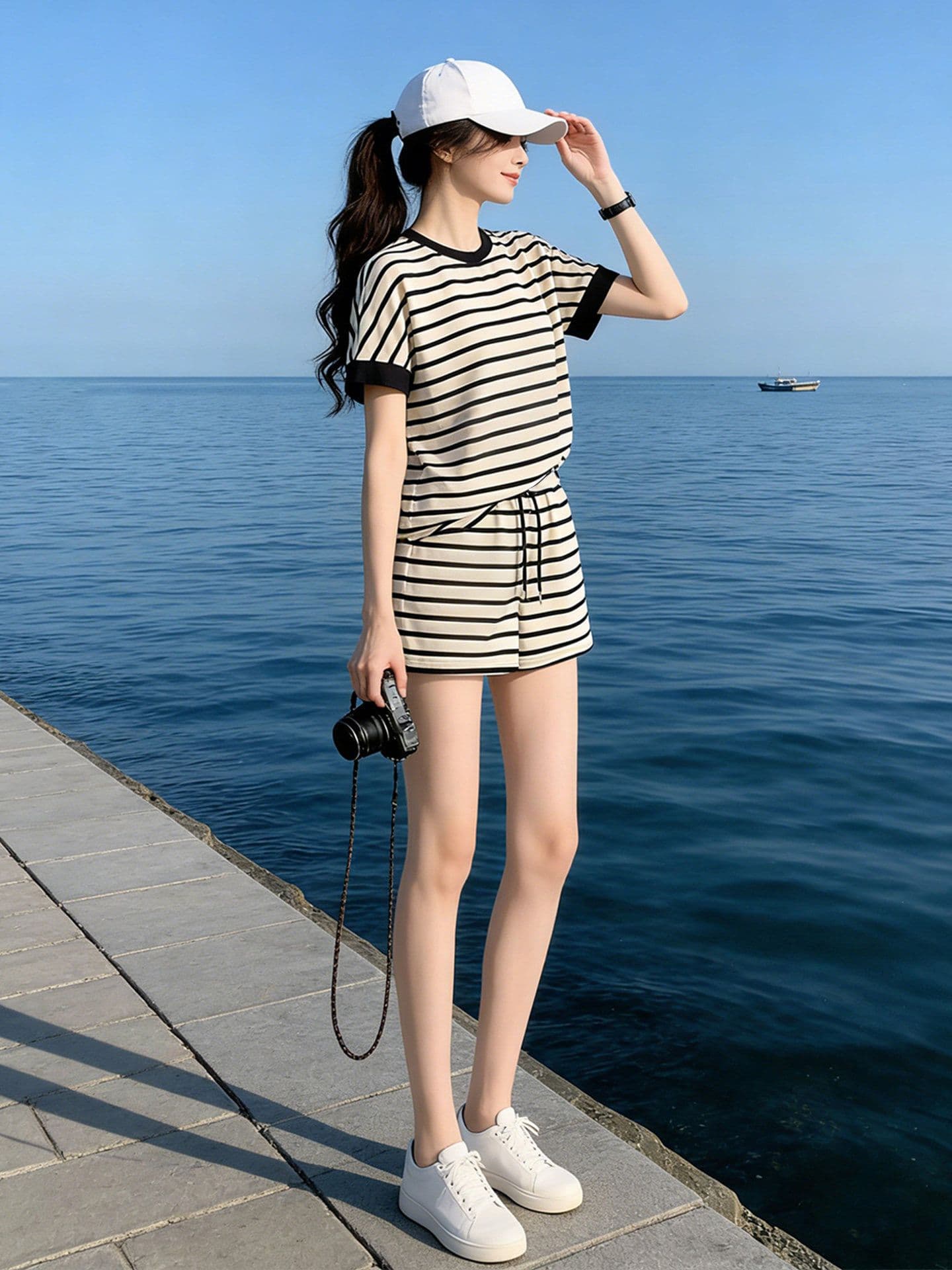 캐주얼 스포츠 슈트 여성 2026 년 새로운 여름 패션 외국 가스 스트라이프 반팔 반바지 투피스 세트 상세 이미지 10