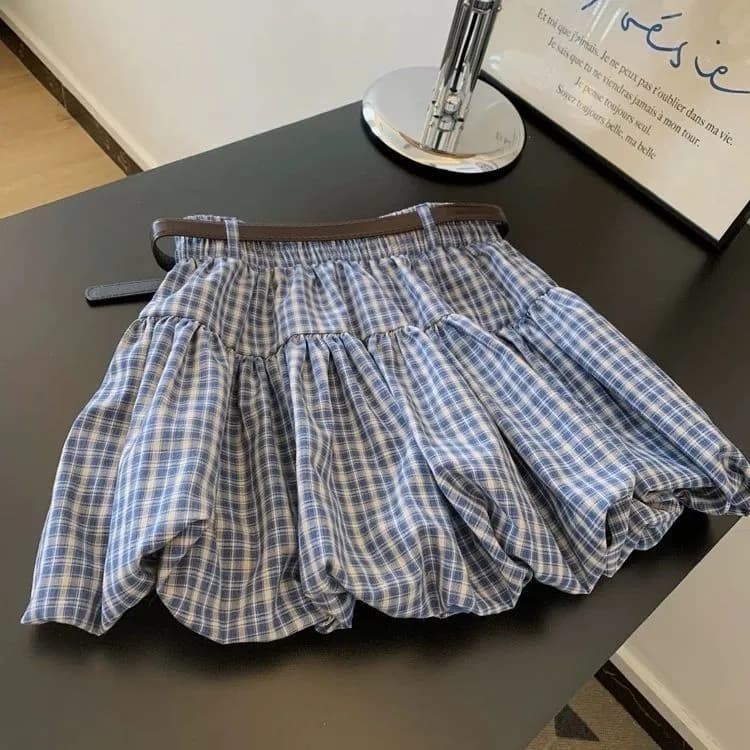 고급 센스 파란색 체크무늬 꽃밭 표지 고기 한 마디 미니 스커트 작은 키 슬림해 보이는 반신 스커트 아이들 2026 새로운 여름 이미지 3
