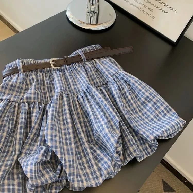 고급 센스 파란색 체크무늬 꽃밭 표지 고기 한 마디 미니 스커트 작은 키 슬림해 보이는 반신 스커트 아이들 2026 새로운 여름 이미지 2