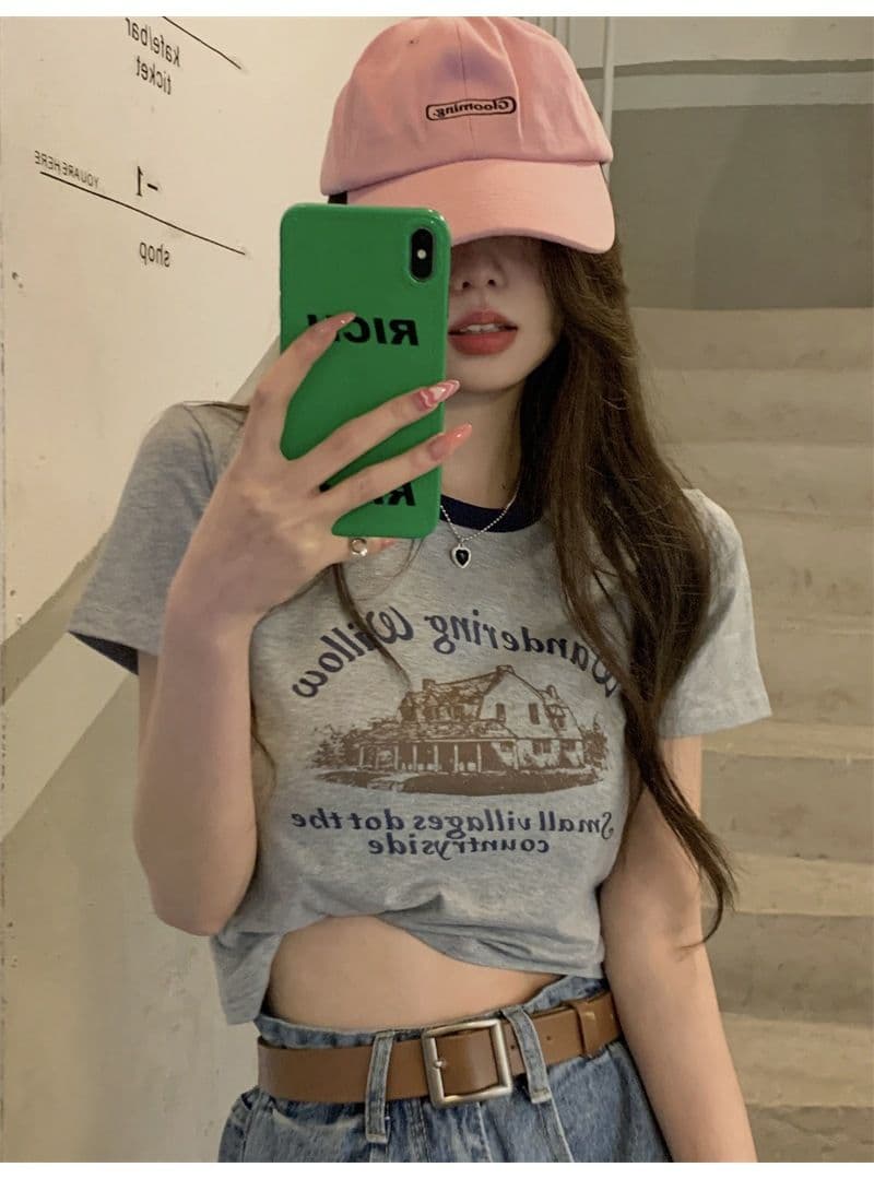 우유 실크 아메리칸 레트로 프린트 반팔 티셔츠 여성 배색 라운드 넥 여름 쇼트 스타일 상세 이미지 2