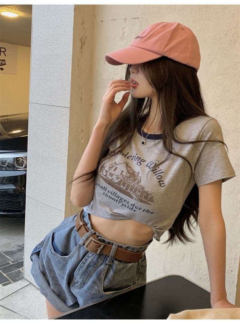우유 실크 아메리칸 레트로 프린트 반팔 티셔츠 여성 배색 라운드 넥 여름 쇼트 스타일 상세 이미지 4