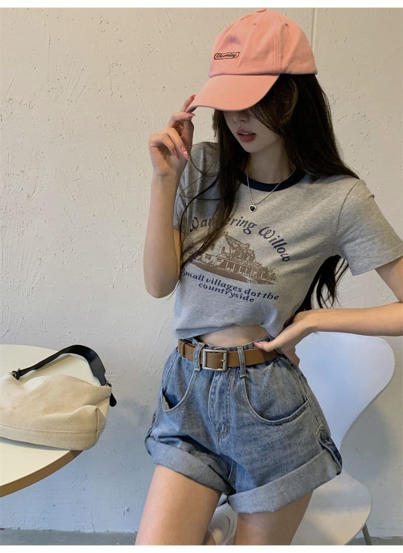 우유 실크 아메리칸 레트로 프린트 반팔 티셔츠 여성 배색 라운드 넥 여름 쇼트 스타일 상세 이미지 6