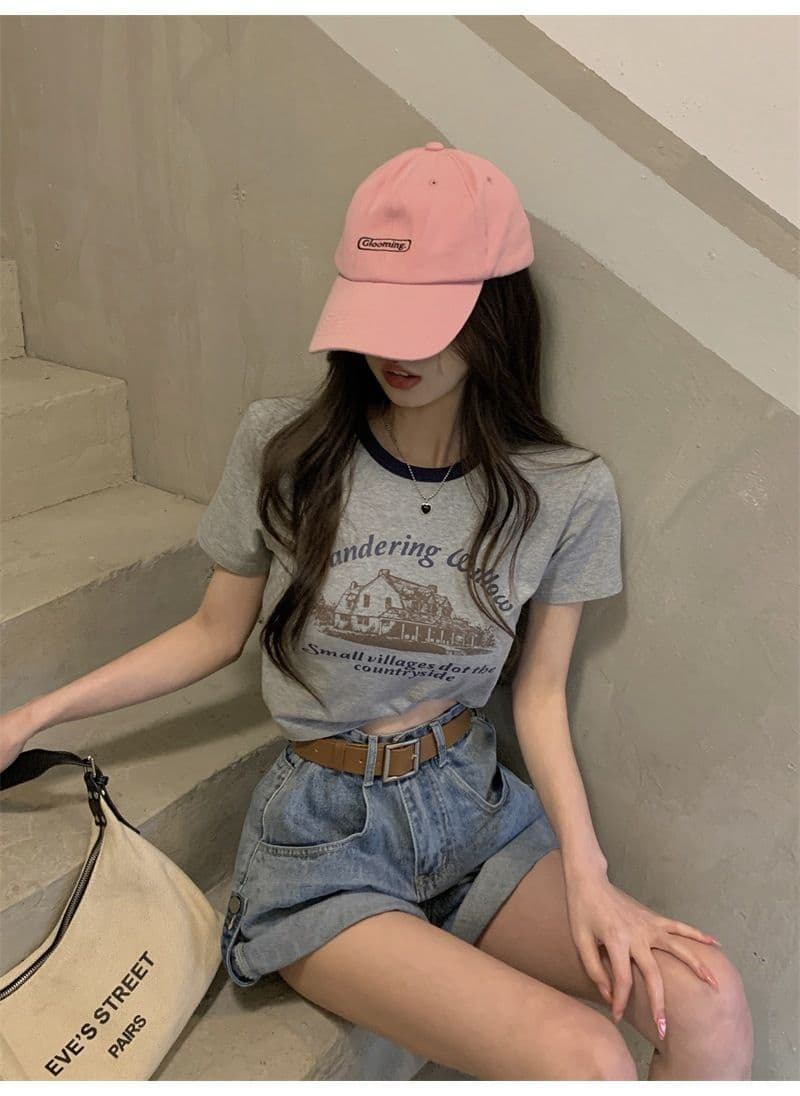 우유 실크 아메리칸 레트로 프린트 반팔 티셔츠 여성 배색 라운드 넥 여름 쇼트 스타일 상세 이미지 7