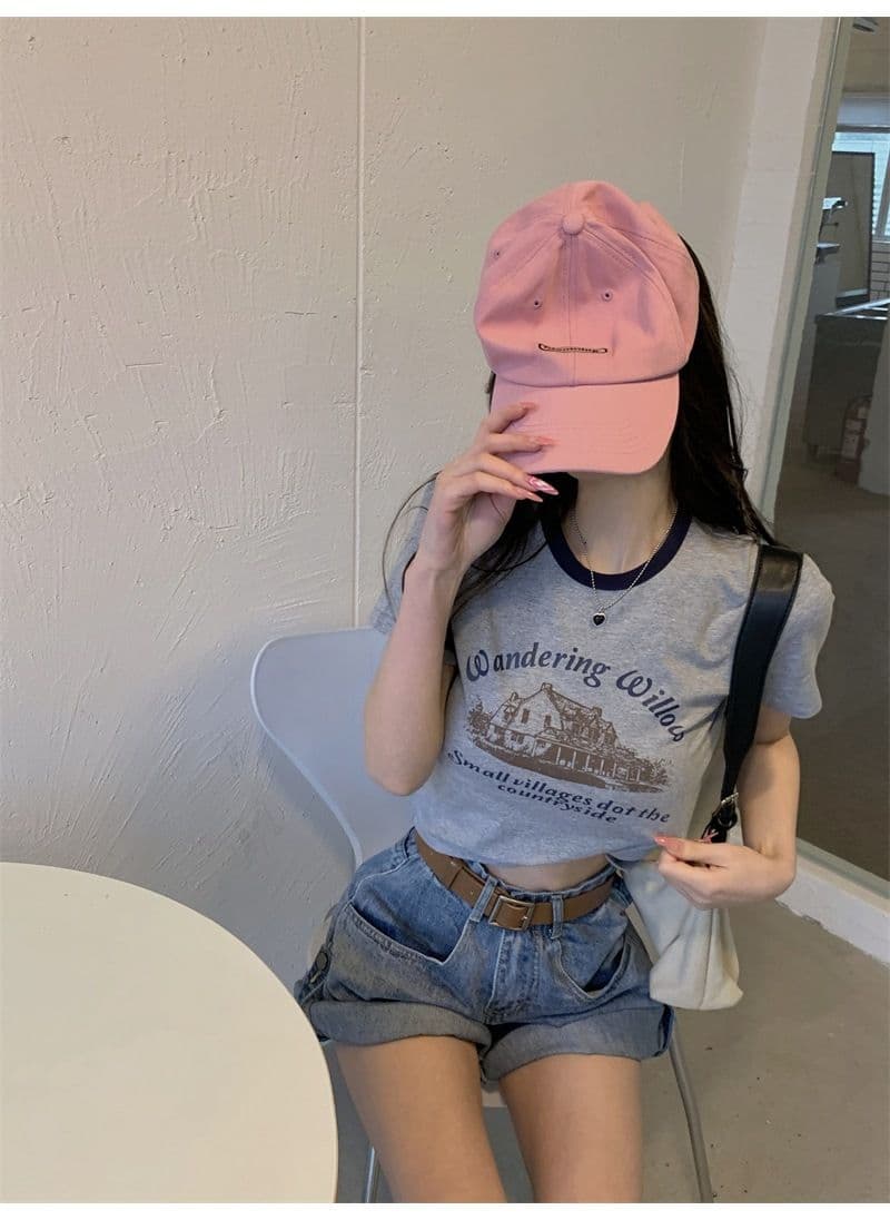 우유 실크 아메리칸 레트로 프린트 반팔 티셔츠 여성 배색 라운드 넥 여름 쇼트 스타일 상세 이미지 8