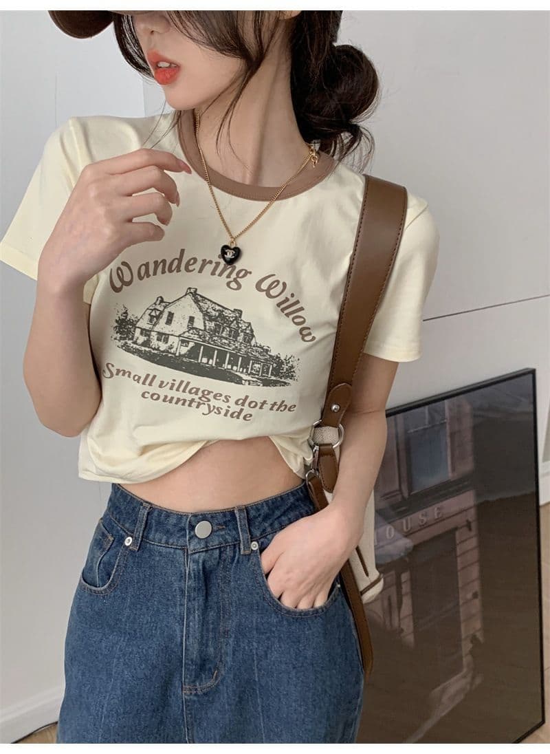 우유 실크 아메리칸 레트로 프린트 반팔 티셔츠 여성 배색 라운드 넥 여름 쇼트 스타일 상세 이미지 13