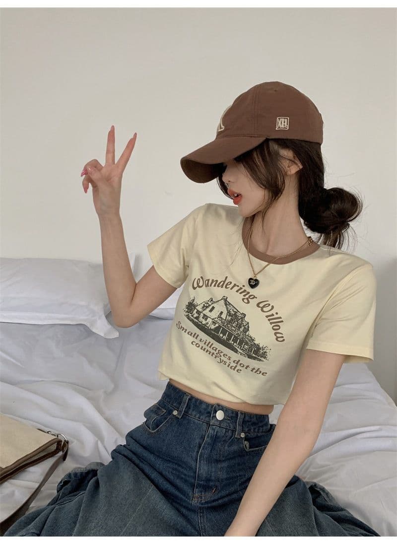 우유 실크 아메리칸 레트로 프린트 반팔 티셔츠 여성 배색 라운드 넥 여름 쇼트 스타일 상세 이미지 19