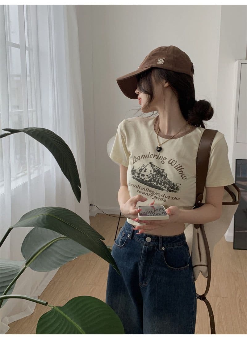 우유 실크 아메리칸 레트로 프린트 반팔 티셔츠 여성 배색 라운드 넥 여름 쇼트 스타일 상세 이미지 20