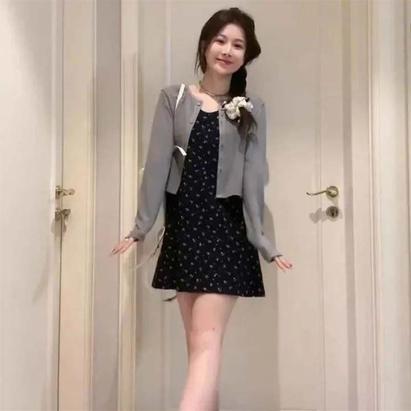 드레스 2026 여름 새로운 슈퍼 요정 품격 오픈 가디건 순수한 욕망 바람 슬림해 보이는 세트 꽃무늬 슬립 드레스 투피스 세트
