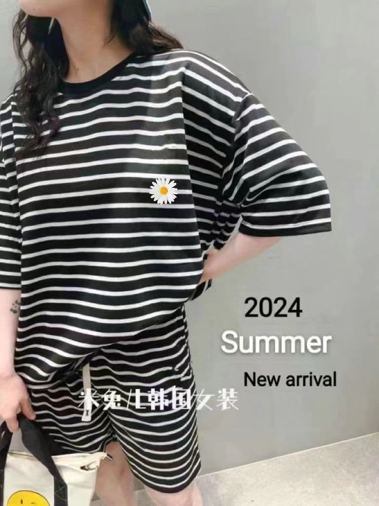 한국 동대문 여성 의류 여름 새로운 스트라이프 반팔 티셔츠 반바지 세트 상세 이미지 2