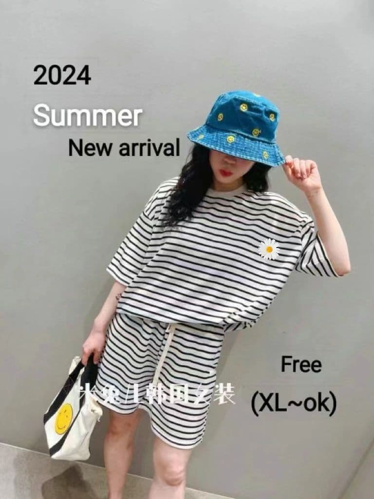 한국 동대문 여성 의류 여름 새로운 스트라이프 반팔 티셔츠 반바지 세트 상세 이미지 3