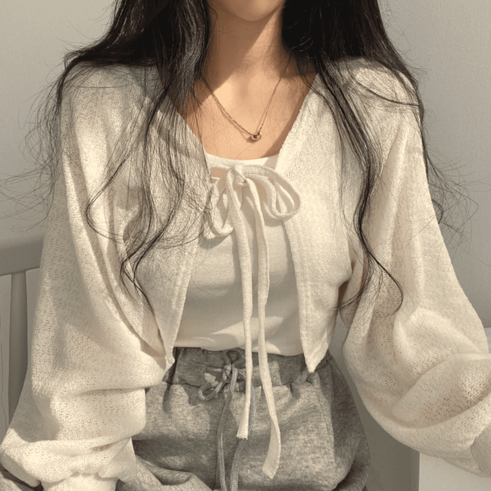 여름 태양 보호 셔츠 작은 대중 다용도 스트랩 벌룬 소매 쇼트 스타일 얇은 스타일 오픈 가디건 여성 코트 에어컨 셔츠 상세 이미지 2
