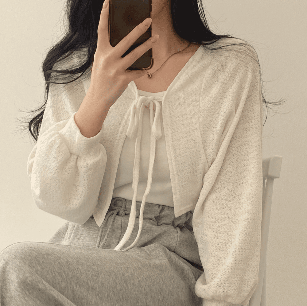 여름 태양 보호 셔츠 작은 대중 다용도 스트랩 벌룬 소매 쇼트 스타일 얇은 스타일 오픈 가디건 여성 코트 에어컨 셔츠 상세 이미지 3