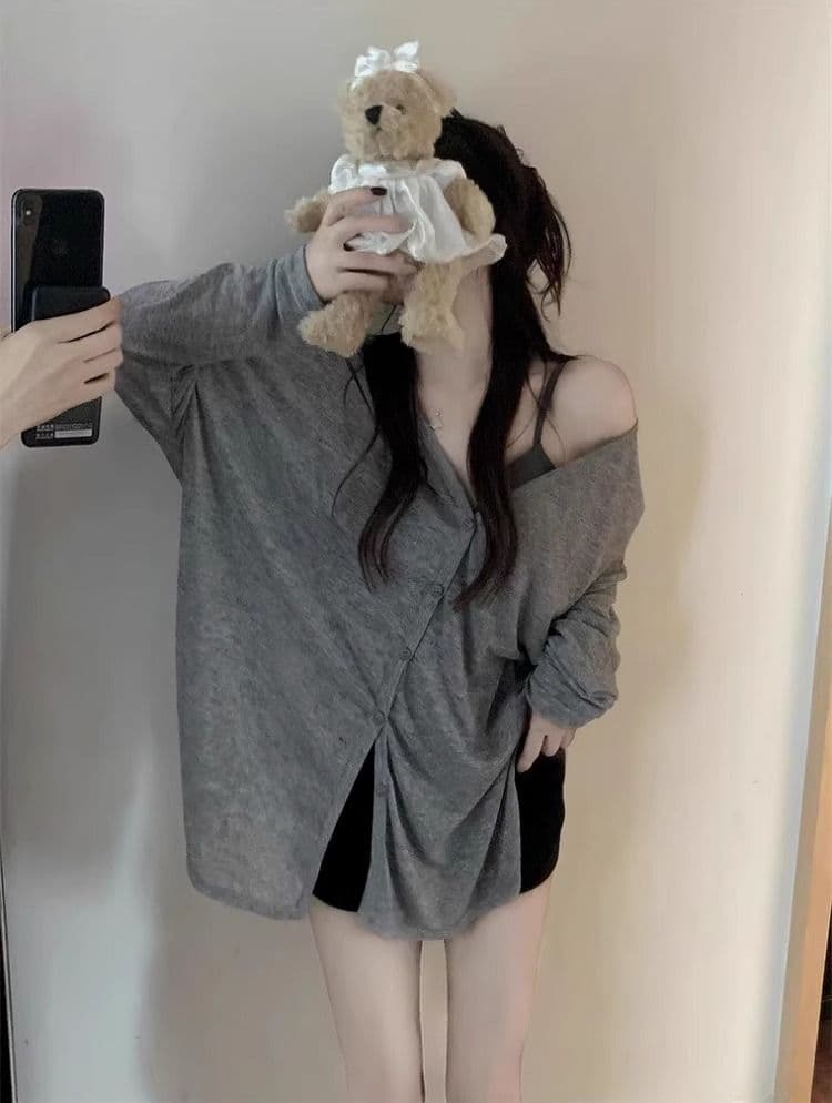 자외선 차단 오픈 가디건 여성 긴 소매 여름 외부 가져 가라. 얇은 스타일 루즈핏 통기성 맨위 마이크로 ~을 통해 에어컨 셔츠 상세 이미지 3