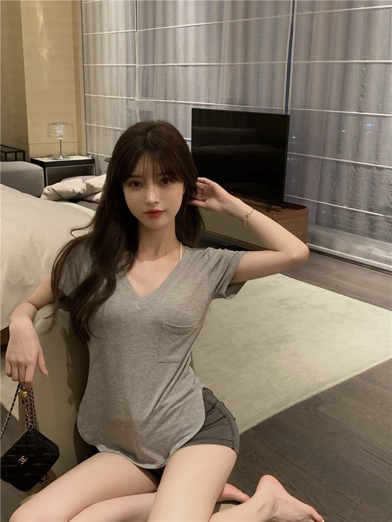 한국 동대문 폭발 대외 무역 여름 V넥 기본 셔츠 불규칙 핫걸 순수한 욕망 바람 반팔 맨위 상세 이미지 5