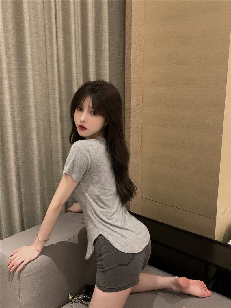한국 동대문 폭발 대외 무역 여름 V넥 기본 셔츠 불규칙 핫걸 순수한 욕망 바람 반팔 맨위 상세 이미지 8