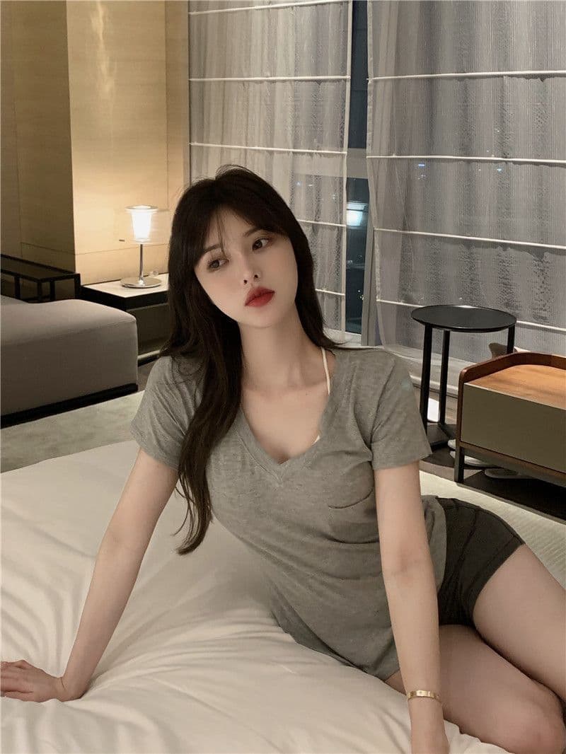 한국 동대문 폭발 대외 무역 여름 V넥 기본 셔츠 불규칙 핫걸 순수한 욕망 바람 반팔 맨위 상세 이미지 11