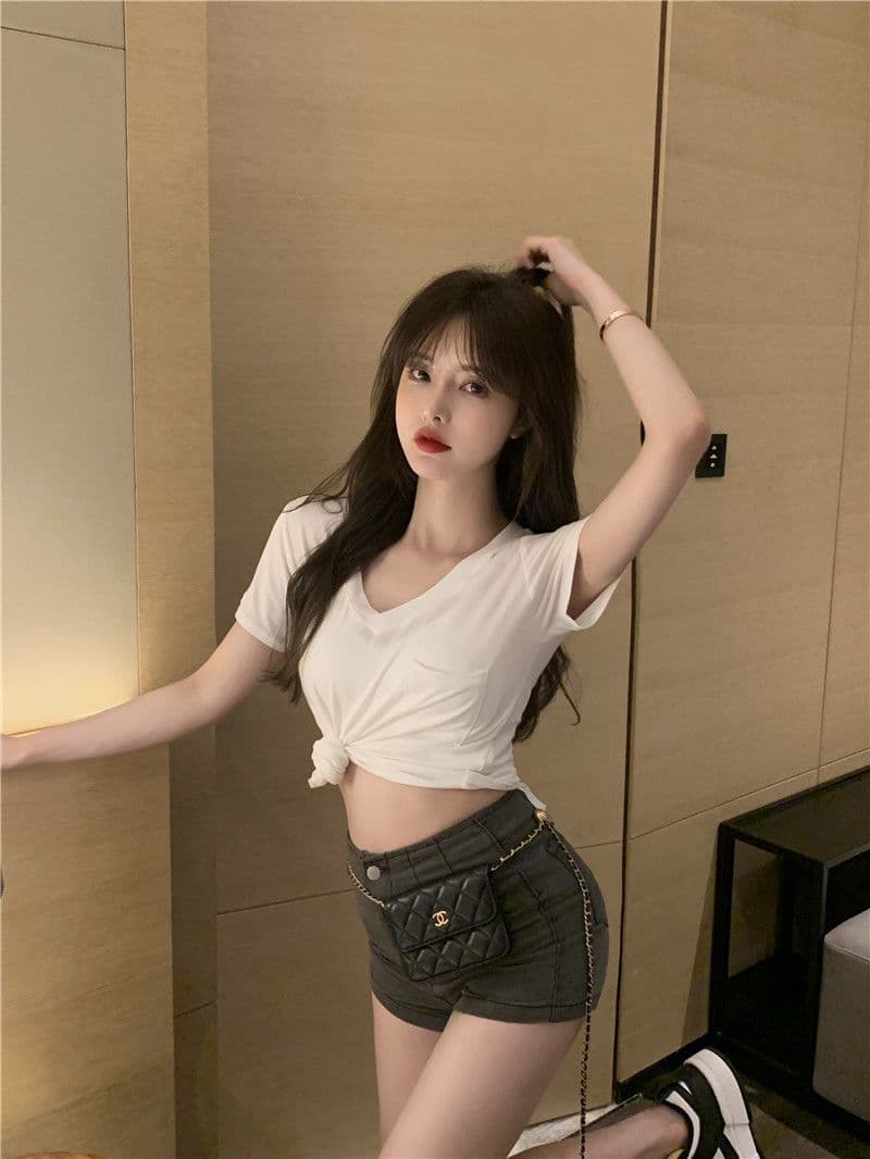 한국 동대문 폭발 대외 무역 여름 V넥 기본 셔츠 불규칙 핫걸 순수한 욕망 바람 반팔 맨위 상세 이미지 13