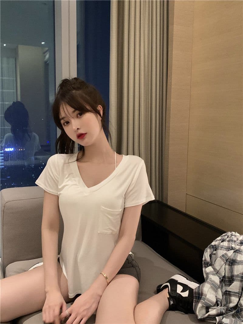 한국 동대문 폭발 대외 무역 여름 V넥 기본 셔츠 불규칙 핫걸 순수한 욕망 바람 반팔 맨위 상세 이미지 14