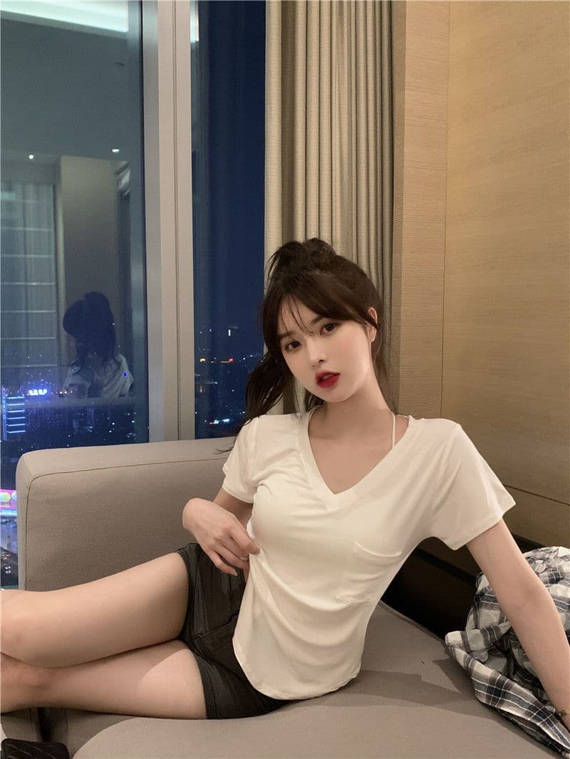 한국 동대문 폭발 대외 무역 여름 V넥 기본 셔츠 불규칙 핫걸 순수한 욕망 바람 반팔 맨위 상세 이미지 15