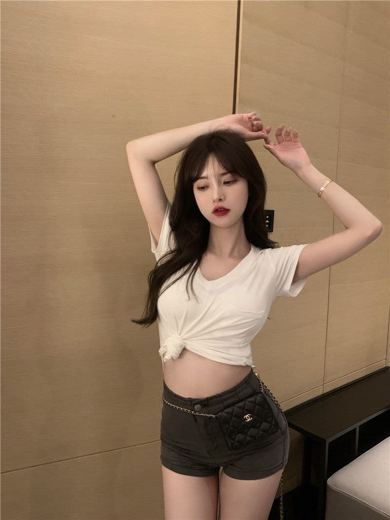 한국 동대문 폭발 대외 무역 여름 V넥 기본 셔츠 불규칙 핫걸 순수한 욕망 바람 반팔 맨위 상세 이미지 16