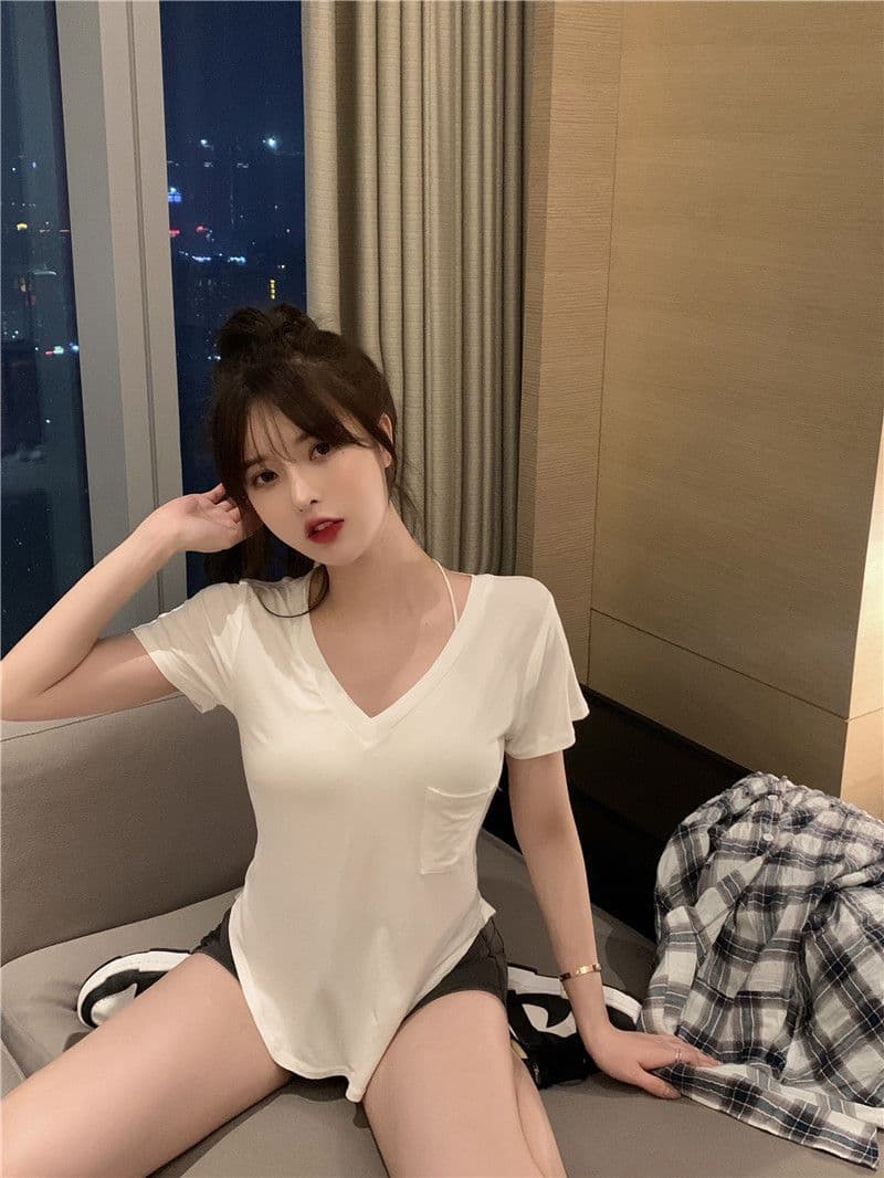 한국 동대문 폭발 대외 무역 여름 V넥 기본 셔츠 불규칙 핫걸 순수한 욕망 바람 반팔 맨위 상세 이미지 18