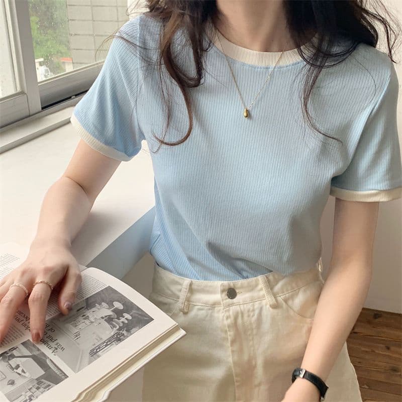 구덩이 기사 몸매 가꾸기 반팔 티셔츠 여성 여름 라운드 넥