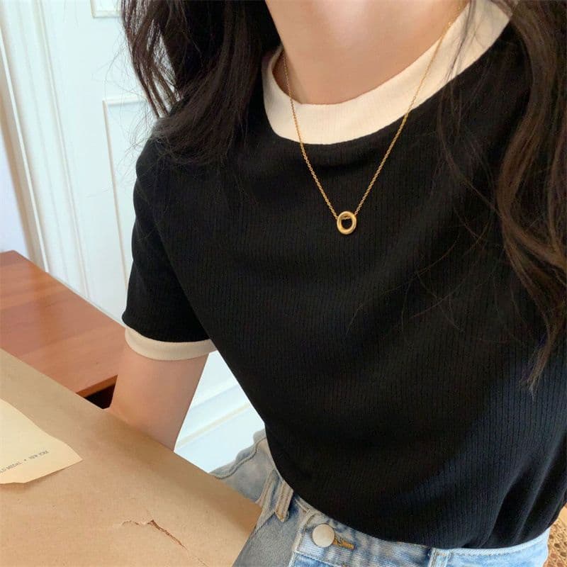 구덩이 기사 몸매 가꾸기 반팔 티셔츠 여성 여름 라운드 넥 이미지 4