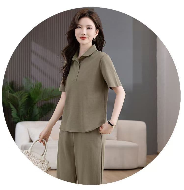 모방 면 Zhu 그라운드 천 폴로 칼라 반팔 세트 티셔츠 투피스 세트 여름 새로운 와이드 레그 팬츠 캐주얼 스포츠 슈트 상세 이미지 4
