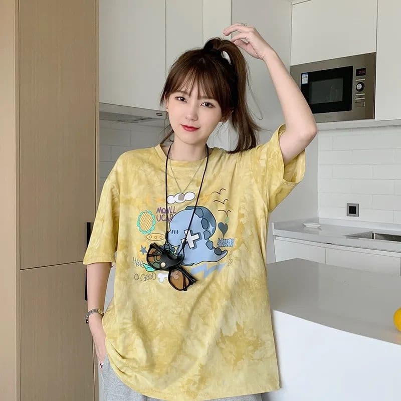 공식 그림 새로운 트렌드 한국 스타일 홀치기 염색 만화 캐주얼 루즈핏 반팔 티셔츠 여성 셔츠