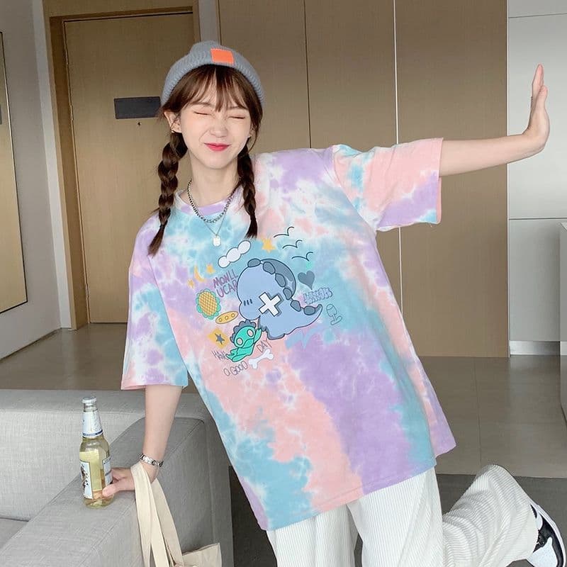 공식 그림 새로운 트렌드 한국 스타일 홀치기 염색 만화 캐주얼 루즈핏 반팔 티셔츠 여성 셔츠 상세 이미지 5