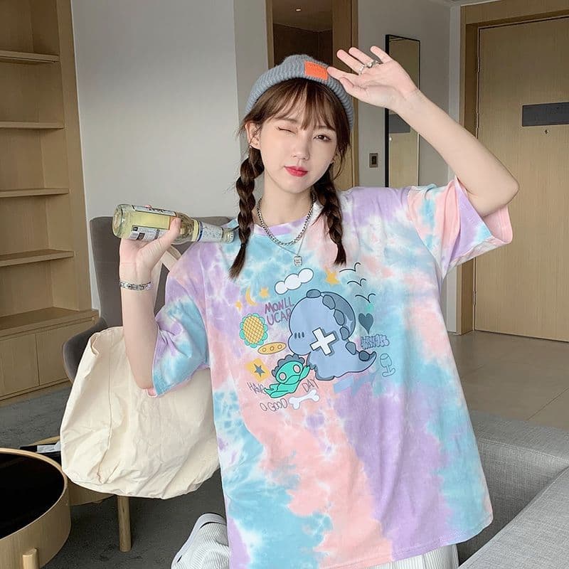 공식 그림 새로운 트렌드 한국 스타일 홀치기 염색 만화 캐주얼 루즈핏 반팔 티셔츠 여성 셔츠 상세 이미지 6