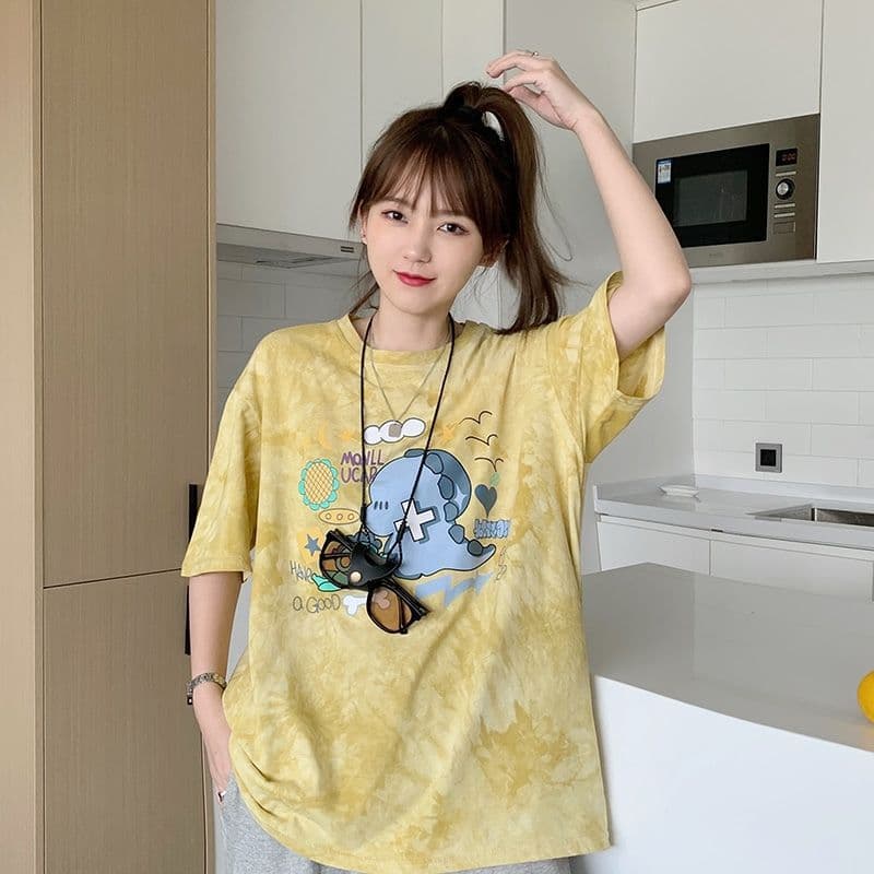 공식 그림 새로운 트렌드 한국 스타일 홀치기 염색 만화 캐주얼 루즈핏 반팔 티셔츠 여성 셔츠 상세 이미지 10