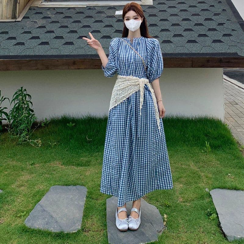 여름 아름다운 작은 치마 고유 한 아름다운 수준 센스 빅 사이즈 파란색 체크무늬 거품 소매 여성 드레스 이미지 3