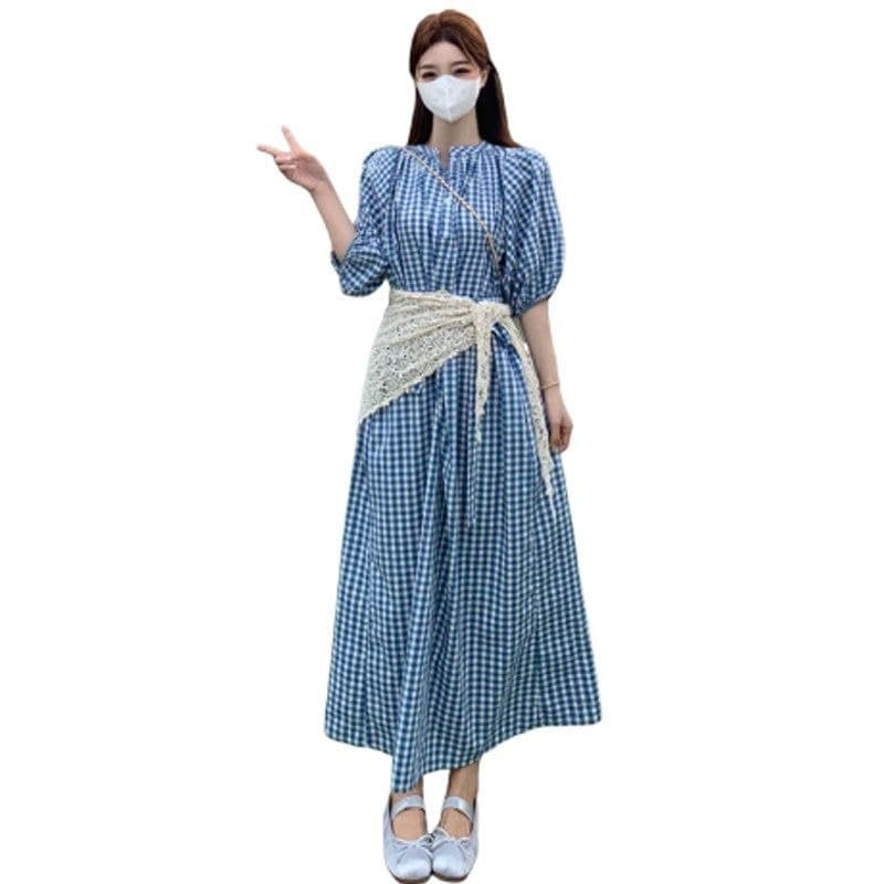 여름 아름다운 작은 치마 고유 한 아름다운 수준 센스 빅 사이즈 파란색 체크무늬 거품 소매 여성 드레스 이미지 5