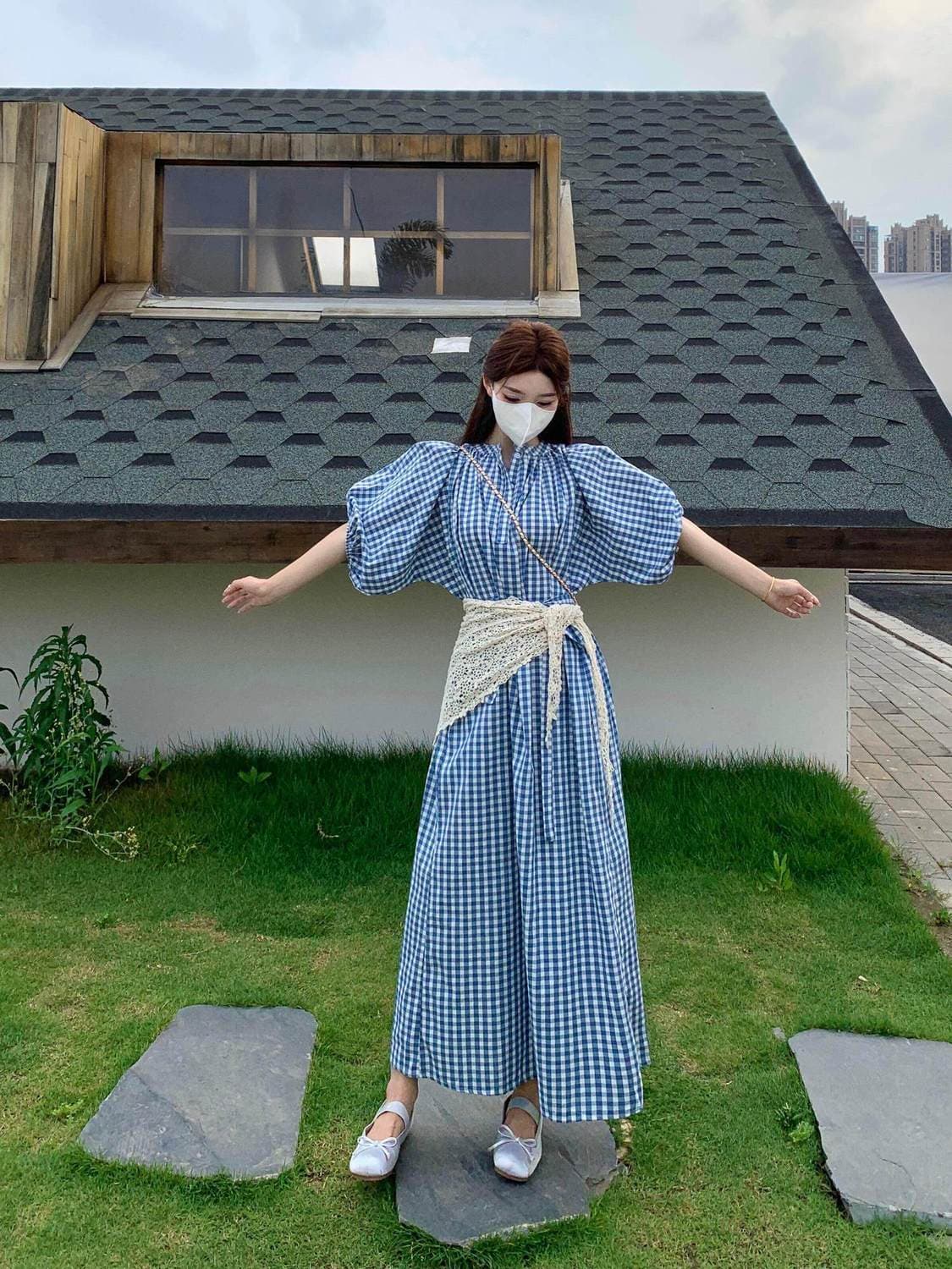 여름 아름다운 작은 치마 고유 한 아름다운 수준 센스 빅 사이즈 파란색 체크무늬 거품 소매 여성 드레스 상세 이미지 5